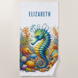 PERSONALIZED WHIMSICAL, KLEURRIJKE ZEEPAARD  STRANDLAKEN