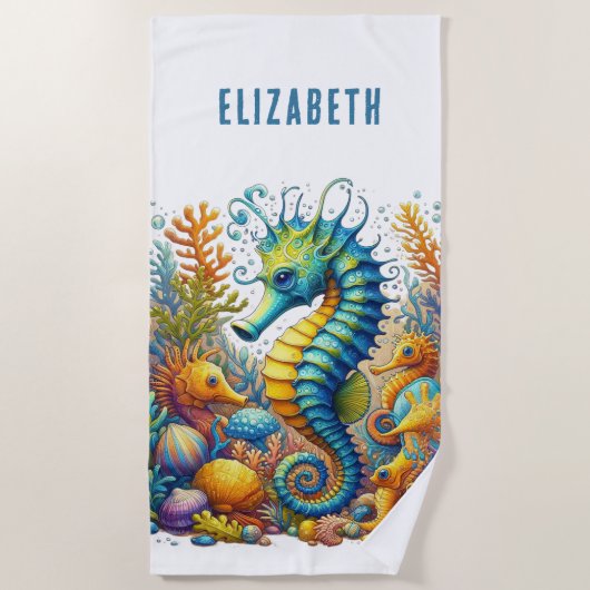 PERSONALIZED WHIMSICAL, KLEURRIJKE ZEEPAARD  STRANDLAKEN (Voorkant)