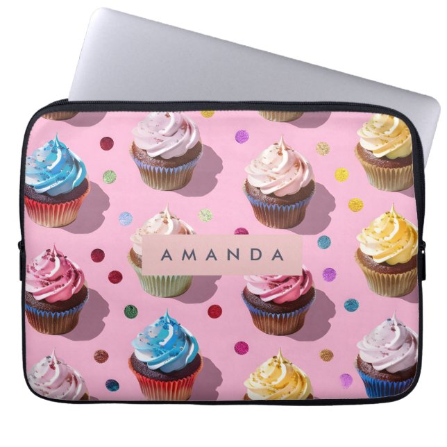Personalized Whimsical Rainbow Cupcake Confetti Laptop Sleeve (Voorkant)
