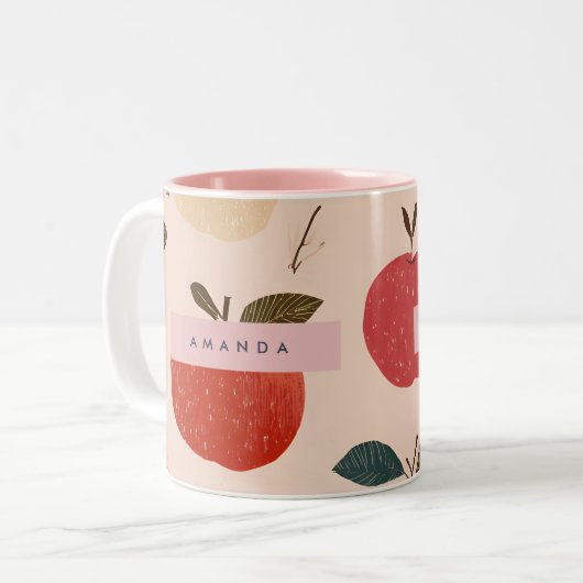 Personalized Whimsical Red Apple Harvest Tweekleurige Koffiemok (Voorkant links)