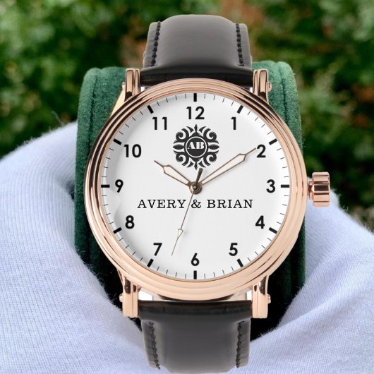 Personalized white black Custom name monogram  Horloge