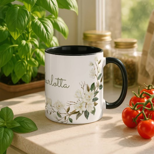 Personalized White Floral Mug, Elegant Custom Name Mok