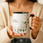 Personalized White Floral Mug, Elegant Custom Name Mok