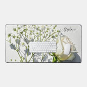 Personalized White Rose Floral Art Bureaumat (Keyboard & Muis)