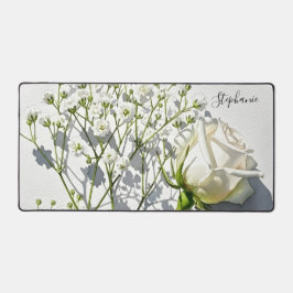 Personalized White Rose Floral Art Bureaumat