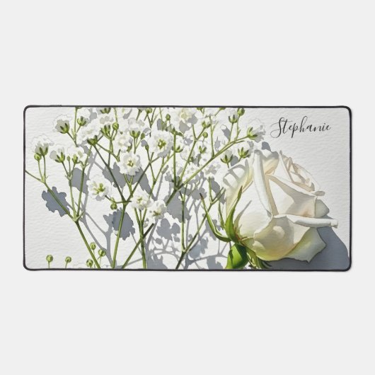 Personalized White Rose Floral Art Bureaumat (Voorkant)