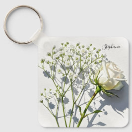 Personalized White Rose Floral Charm Sleutelhanger