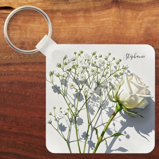 Personalized White Rose Floral Charm Sleutelhanger (Voorkant)