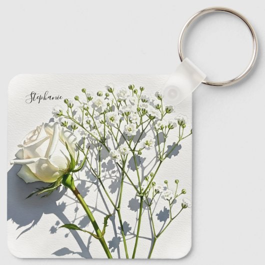 Personalized White Rose Floral Charm Sleutelhanger (Achterkant)