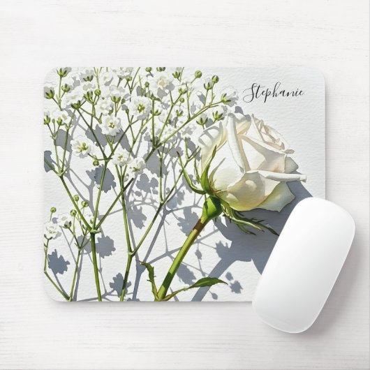 Personalized White Rose Floral Desk Muismat (Met muis)