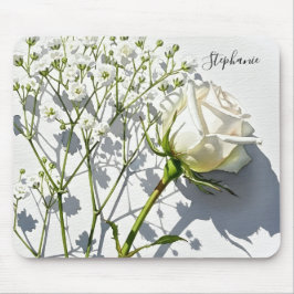 Personalized White Rose Floral Desk Muismat