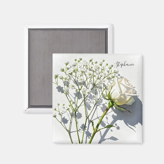 Personalized White Rose Floral Magnet (Voorkant / Achterkant)