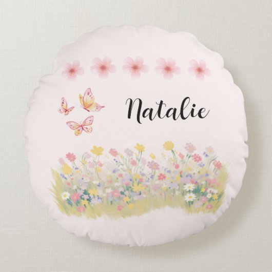 Personalized Wildflower & Butterfly Round Pillow Rond Kussen (Voorkant)
