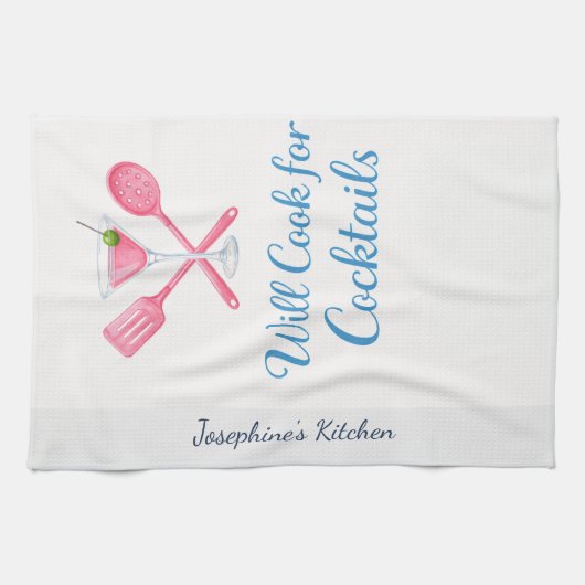 Personalized Will Cook for Cocktails Funny Elegant Theedoek (Horizontaal)