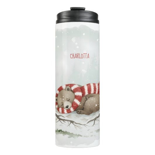 Personalized Winter Bear Tumbler – Sleeping Animal Thermosbeker (Voorkant)