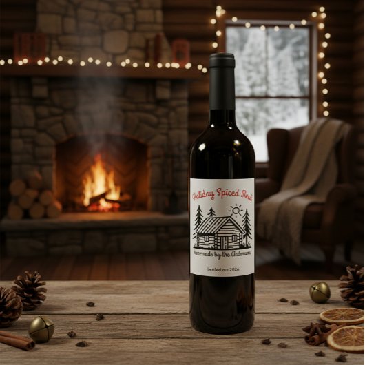 Personalized Winter Cabin Holiday Spiced Mead Wijn Etiket