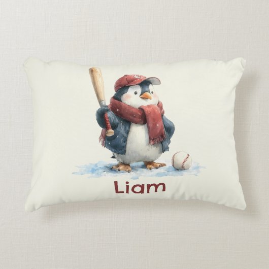 Personalized Winter Penguin Baseball Kid Accent Kussen (Voorkant)