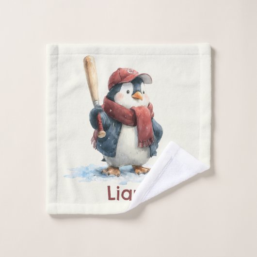 Personalized Winter Penguin Baseball Kid Bad Handdoek (Wasdoekje)