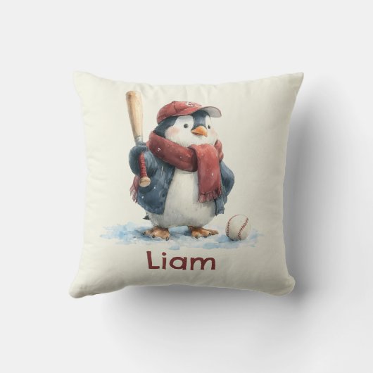 Personalized Winter Penguin Baseball Kid Kussen (Achterkant)