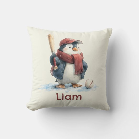 Personalized Winter Penguin Baseball Kid Kussen (Voorkant)