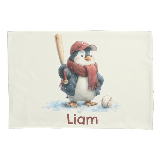 Personalized Winter Penguin Baseball Kid Kussensloop (Voorkant)