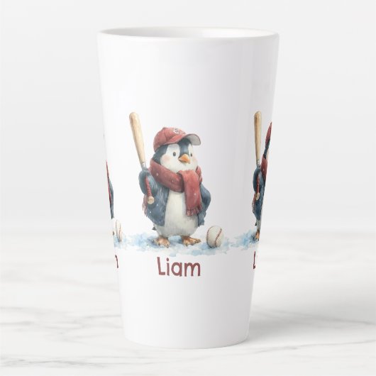 Personalized Winter Penguin Baseball Kid Latte Mok (Voorkant)