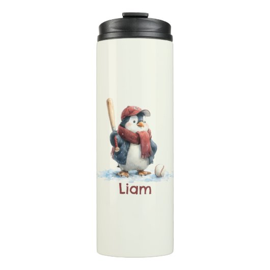 Personalized Winter Penguin Baseball Kid Thermosbeker (Voorkant)