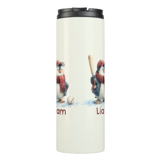 Personalized Winter Penguin Baseball Kid Thermosbeker (Achterkant)