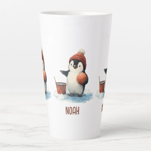 Personalized Winter Penguin Basketball Kid Latte Mok (Voorkant)