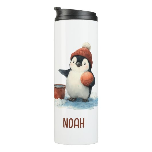 Personalized Winter Penguin Basketball Kid Thermosbeker (Geroteerd rechts)