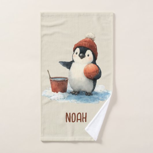 Personalized Winter Penguin Basketball Kid Towel Bad Handdoek (Handdoek)