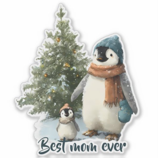 Personalized Winter Penguin “Best Mom Ever” Sticker (Voorkant)