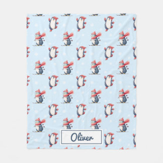 Personalized Winter Penguin Boys Fleece Blanket Deken