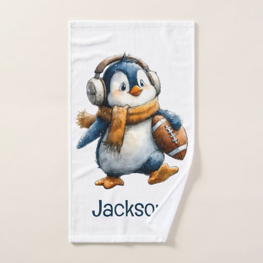 Personalized Winter Penguin Football Kid Bad Handdoek (Handdoek)