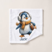 Personalized Winter Penguin Football Kid Bad Handdoek (Wasdoekje)