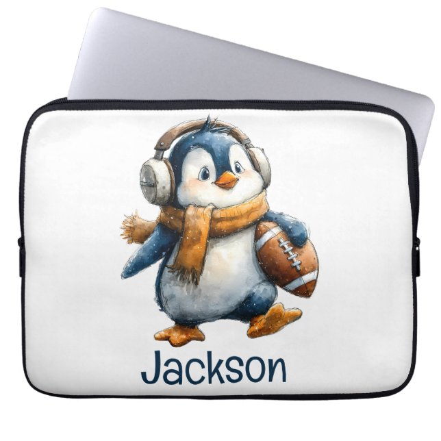 Personalized Winter Penguin Football Kid Laptop Sleeve (Voorkant)