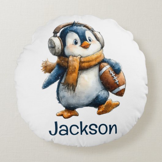 Personalized Winter Penguin Football Kid Rond Kussen (Voorkant)