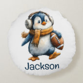 Personalized Winter Penguin Football Kid Rond Kussen (Achterkant)