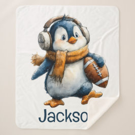 Personalized Winter Penguin Football Kid Sherpa Deken