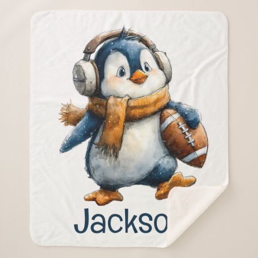 Personalized Winter Penguin Football Kid Sherpa Deken (Voorkant)