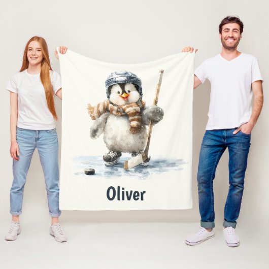 Personalized Winter Penguin Hockey Kid Fleece Deken (In situ)