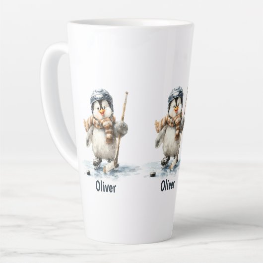 Personalized Winter Penguin Hockey Kid Latte Mok (Linkerhoek)