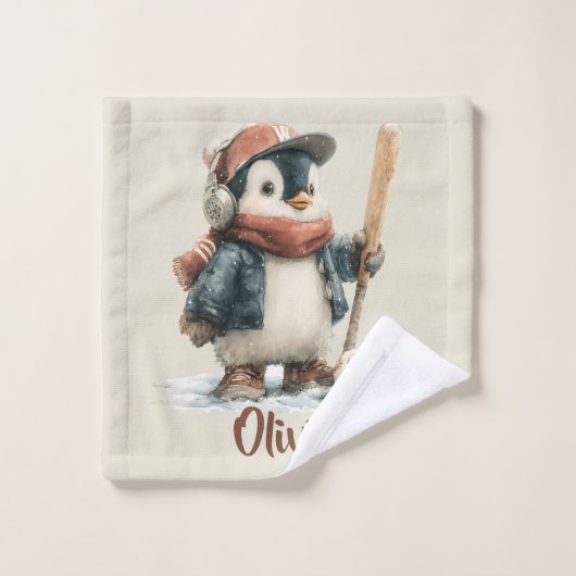 Personalized Winter Penguin Softball Kid Bad Handdoek (Wasdoekje)