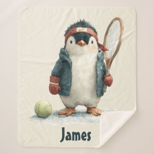 Personalized Winter Penguin Tennis Kid Sherpa Deken (Voorkant)