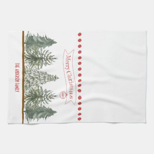 Personalized Winter Pine Tree Merry Christmas Theedoek (Horizontaal)