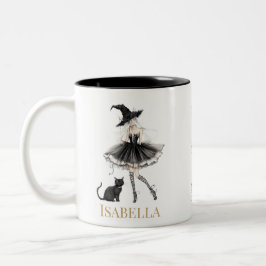 Personalized Witch & Black Cat Mug with Gothic Bow Tweekleurige Koffiemok