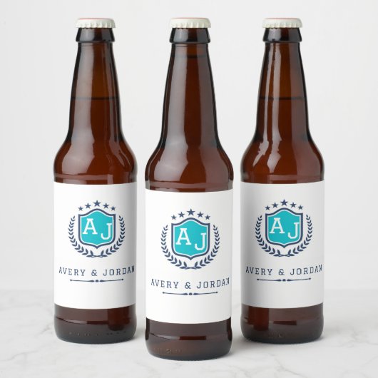 Personalized wite blue Monogram Wedding Bier Etiket (Flessen)