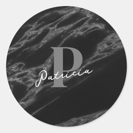 Personalized with Name Initial Marble Black Ronde Sticker (Voorkant)