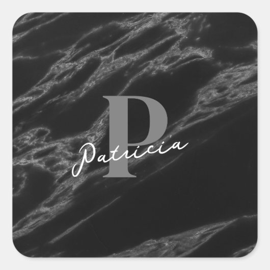 Personalized with Name Initial Marble Black Vierkante Sticker (Voorkant)