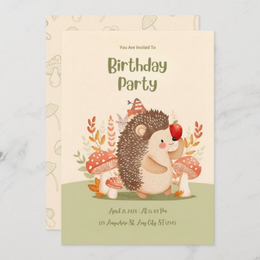 Personalized Woodland Hedgehog Birthday Invitation Kaart (Voorkant / Achterkant)